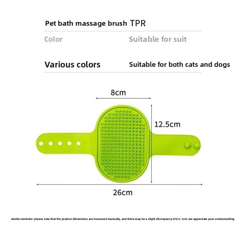 Avocado green pet bath massage brush laid flat with size marks 8 cm head, 12.5 cm brush and 26 cm strap