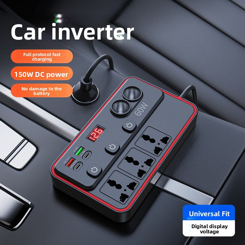 Black car power inverter with red trim on a car console, with outlets and a voltage display, captioned Car inverter