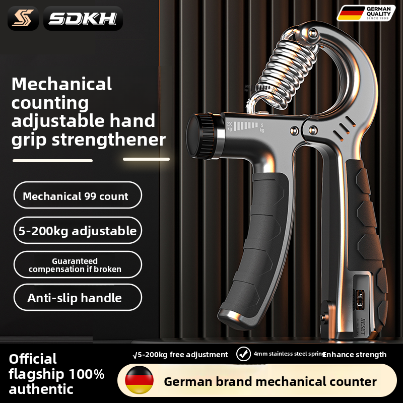 Infographic of the adjustable grip trainer showing its dial, spring, and counter