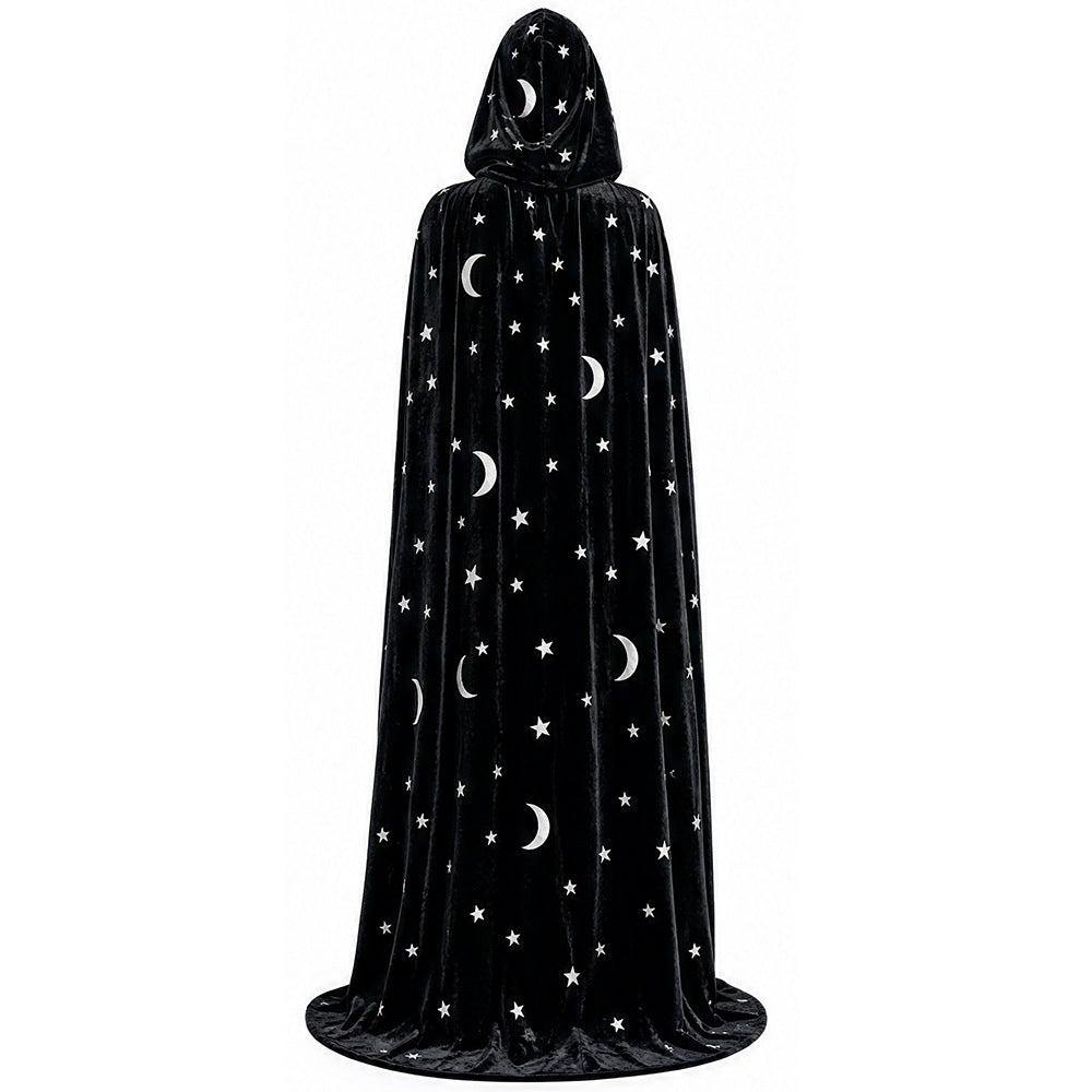 Black hooded velvet cloak with silver stars and crescent moons shown from the front on a white background