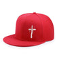 Flat brim baseball cap with a white cross, structured crown and adjustable back strap