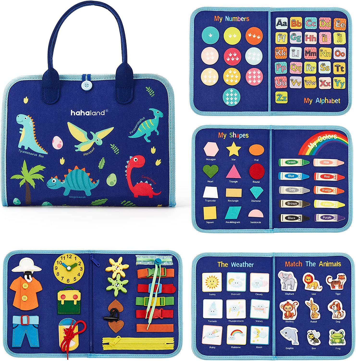 Top down view of felt busy book themed learning pages