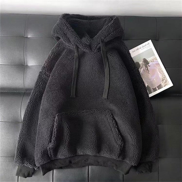Front view of a gray teddy fleece hooded pullover with a front kangaroo pocket