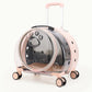 Light pink rolling pet carrier with a clear bubble window, pull rod and four swivel wheels