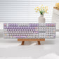 White-cased keyboard with soft purple keycaps and rabbit art along the spacebar row