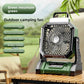 Green mountain outdoor camping fan on a wooden table with a feature list
