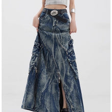 Vintage Washed Tie-Dye Denim Skirt with Zipper Detail