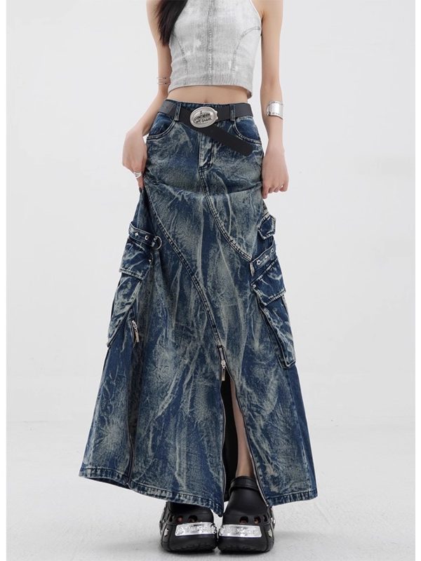 Marbled wash denim maxi skirt worn with a silver top, front view showing the A-line flare and center slit