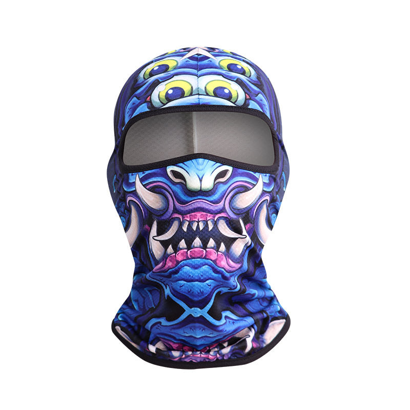 Blue Eyed Monster print full-face balaclava with a fanged mouth, summer style, on a white background