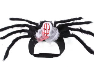 Black plush spider Halloween costume for cats and dogs with a gauze accent skull and eight legs