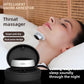 Silver oval throat pulse device worn on the front of the neck with its charging case