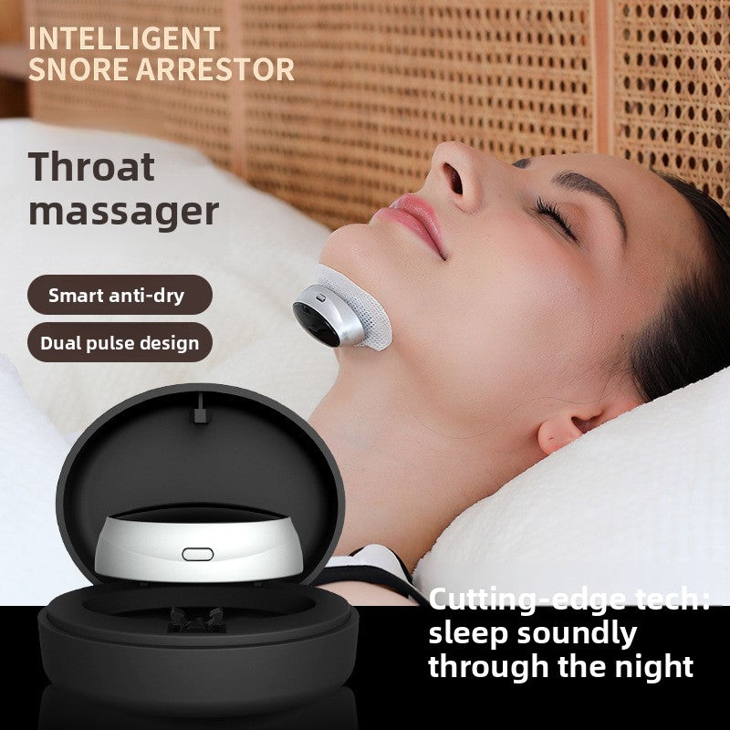 Silver oval throat pulse device worn on the front of the neck with its charging case