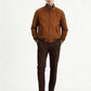Brown vegan suede zip bomber jacket with a tartan cotton lining