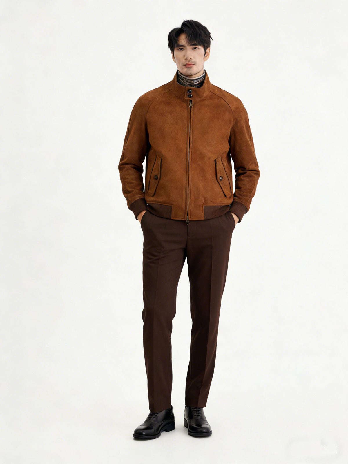 Brown vegan suede zip bomber jacket with a tartan cotton lining