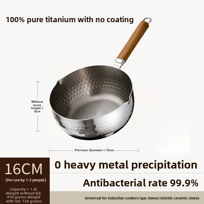 16 cm pure titanium snow pot with a wooden handle shown with its size and capacity details