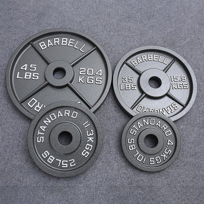 Cast iron barbell plate front view with weight value cast into the matte black face