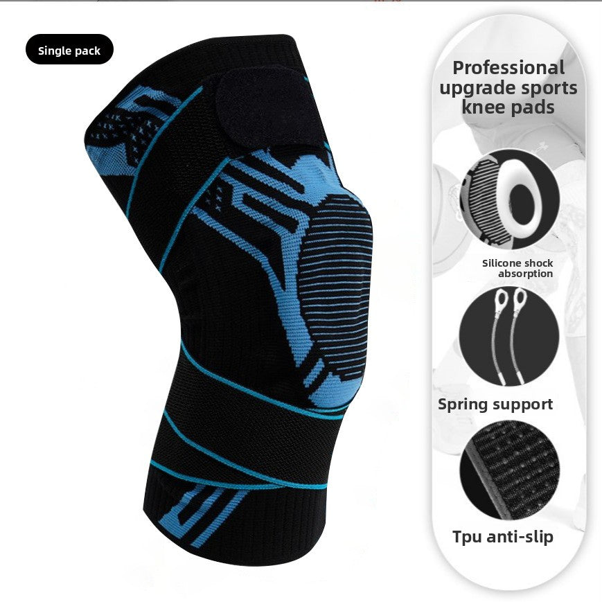 Sports knee brace with reinforced padded kneecap panel and adjustable support strap