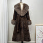 Leopard print long vegan fur coat with a large tipped fur collar, fur cuffs and a tie belt, Leopard Print Large Collar option