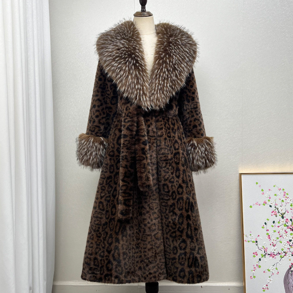 Leopard print long vegan fur coat with a large tipped fur collar, fur cuffs and a tie belt, Leopard Print Large Collar option