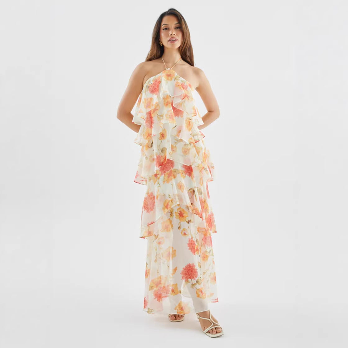 Orange floral halter maxi dress with tiered chiffon ruffle layers