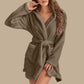 Coffee plush hooded fleece robe with tie belt, worn by a model, size S option