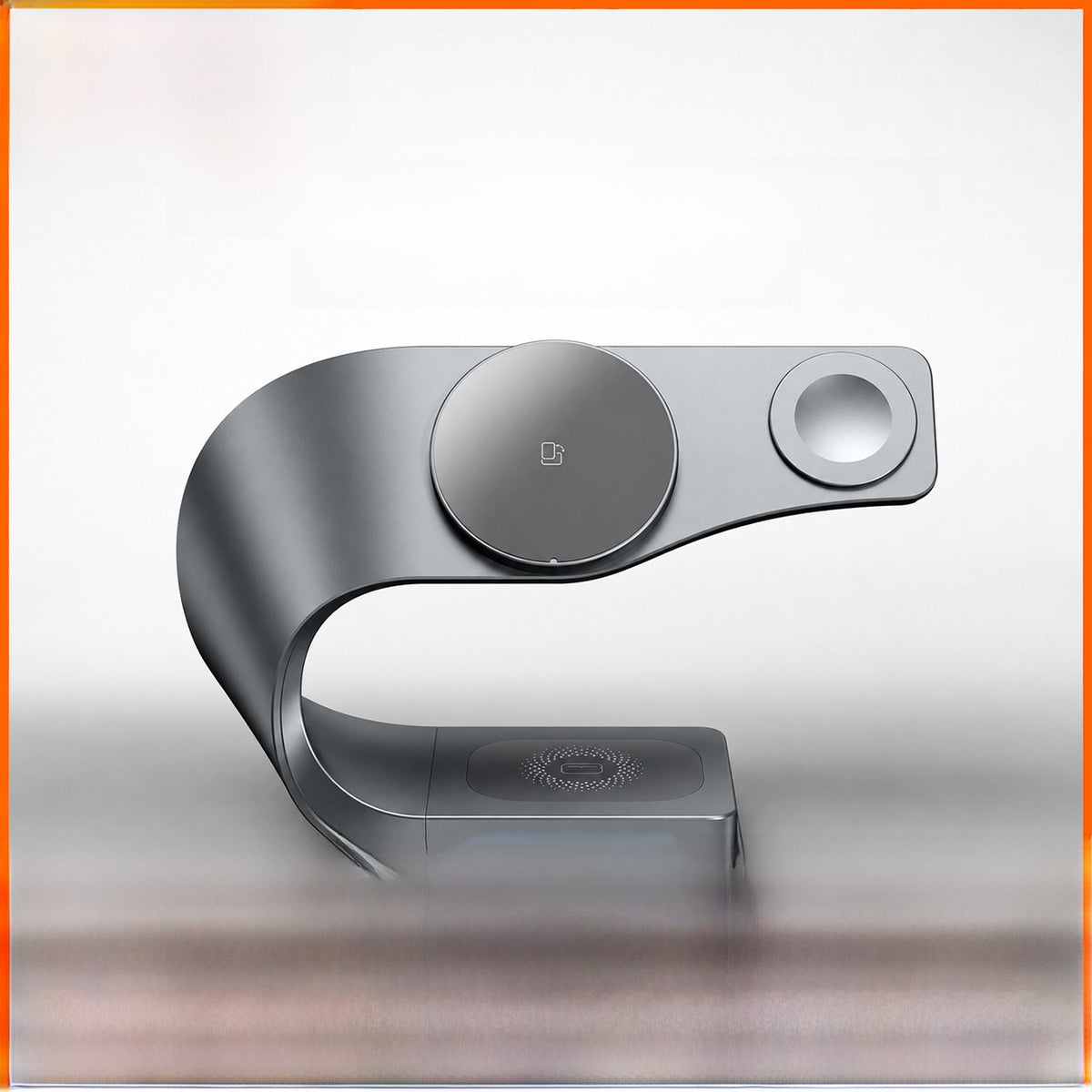 Dark gray C-shaped 3-in-1 wireless charger with a round magnetic phone pad and a smaller watch pad, front view