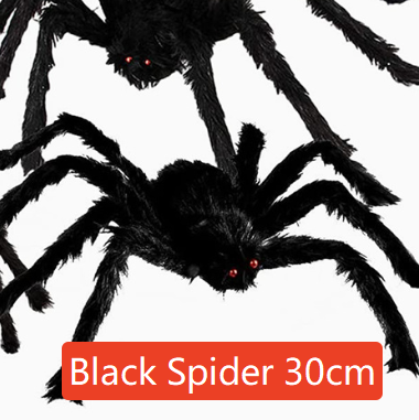 Hairy black Halloween spider prop with red eyes, flocked body and eight posable bendable legs