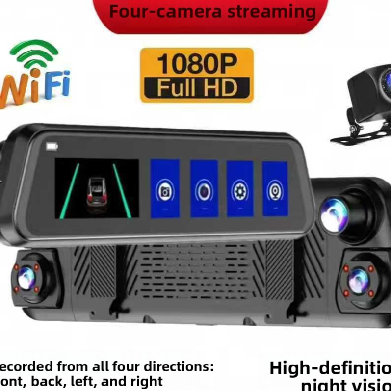 Full screen mirror dash cam with front, rear and side lenses on a four camera panel, option image for 10in Quad-Lens