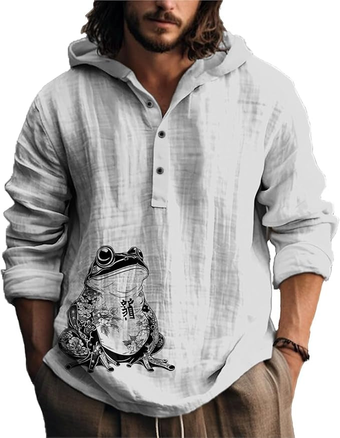 Hooded henley shirt, white shirt with an ink-style frog print at the lower left, size 3XL