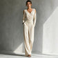 Standing full-length view of the cold-shoulder wide-leg jumpsuit