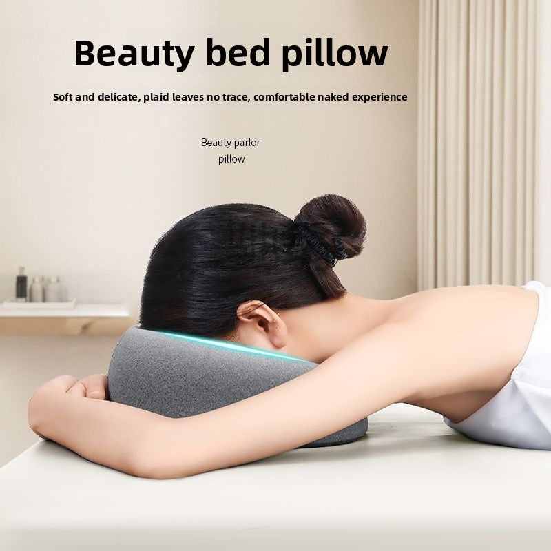 Feature panel showing the gray face rest pillow with a memory foam core, a detachable jacket, and an ice silk cover