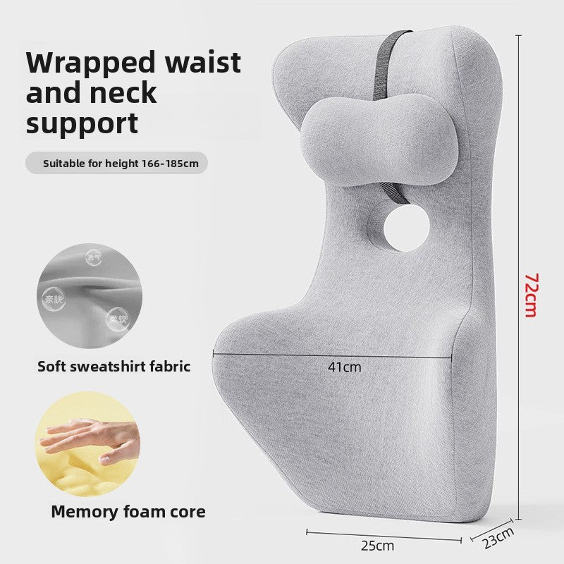 Light grey memory foam back cushion with neck rest and dimension callouts