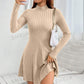 Khaki beige ribbed knit mock neck fit and flare dress worn with a white shoulder bag, option Khaki M