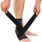 Black and grey knit ankle brace with a long compression strap crossing the foot, held by two hands on a white background