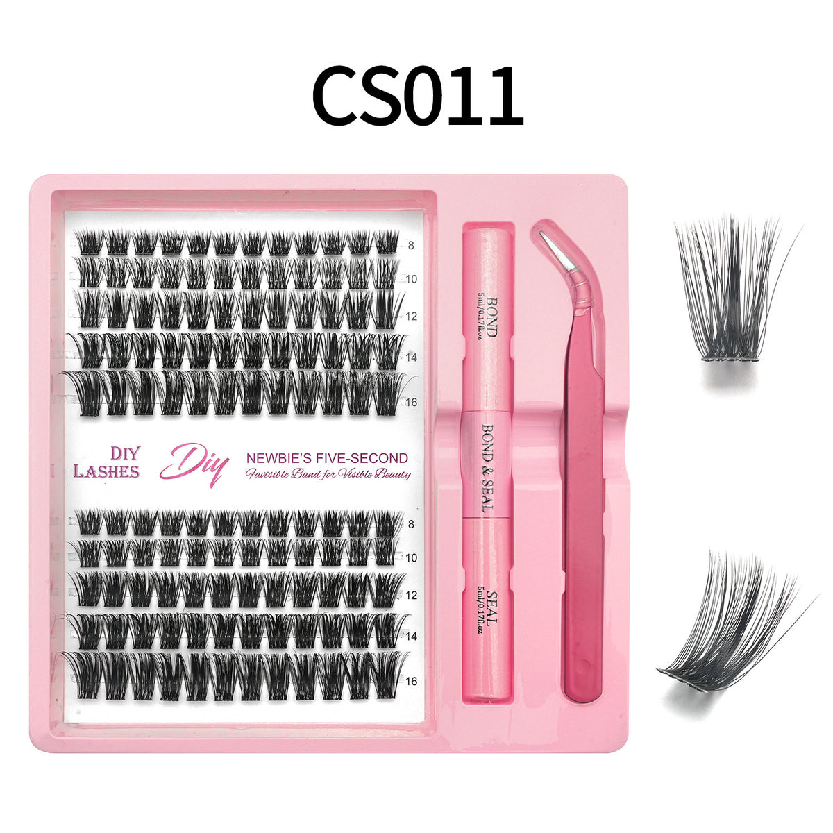 Lash cluster style CS11 in a 10 row tray with dual-ended glue pen, tweezers and a close-up of the cluster shape