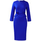 Royal blue peplum bodycon midi dress flat on white, sculpted roses at the waist, Royal blue