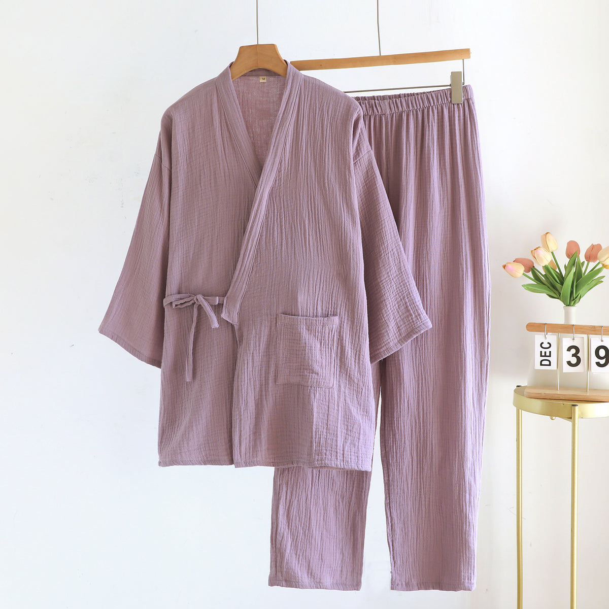 Purple women's style kimono style cotton gauze pajama set with side tie and patch pocket, size M variant image