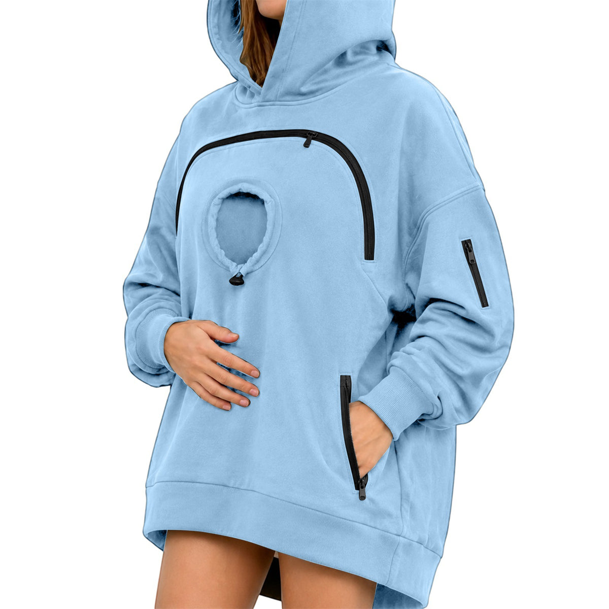 Sky blue oversized fleece hoodie with round cat pocket and arched zipper, sixth sky blue option photo