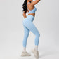 Close up of the seamless knit at the waistband of the leggings