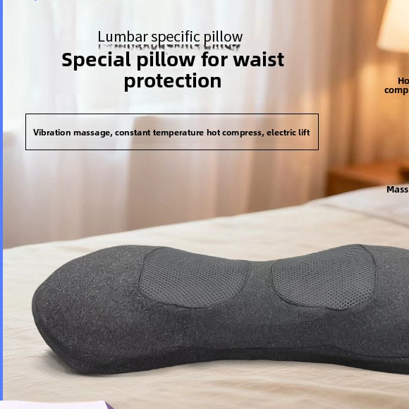 Grey lumbar massage pillow side profile showing the raised lift and stretch contour