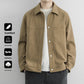 Khaki button front jacket with a turn down collar, option photo for size M, worn over a white tee
