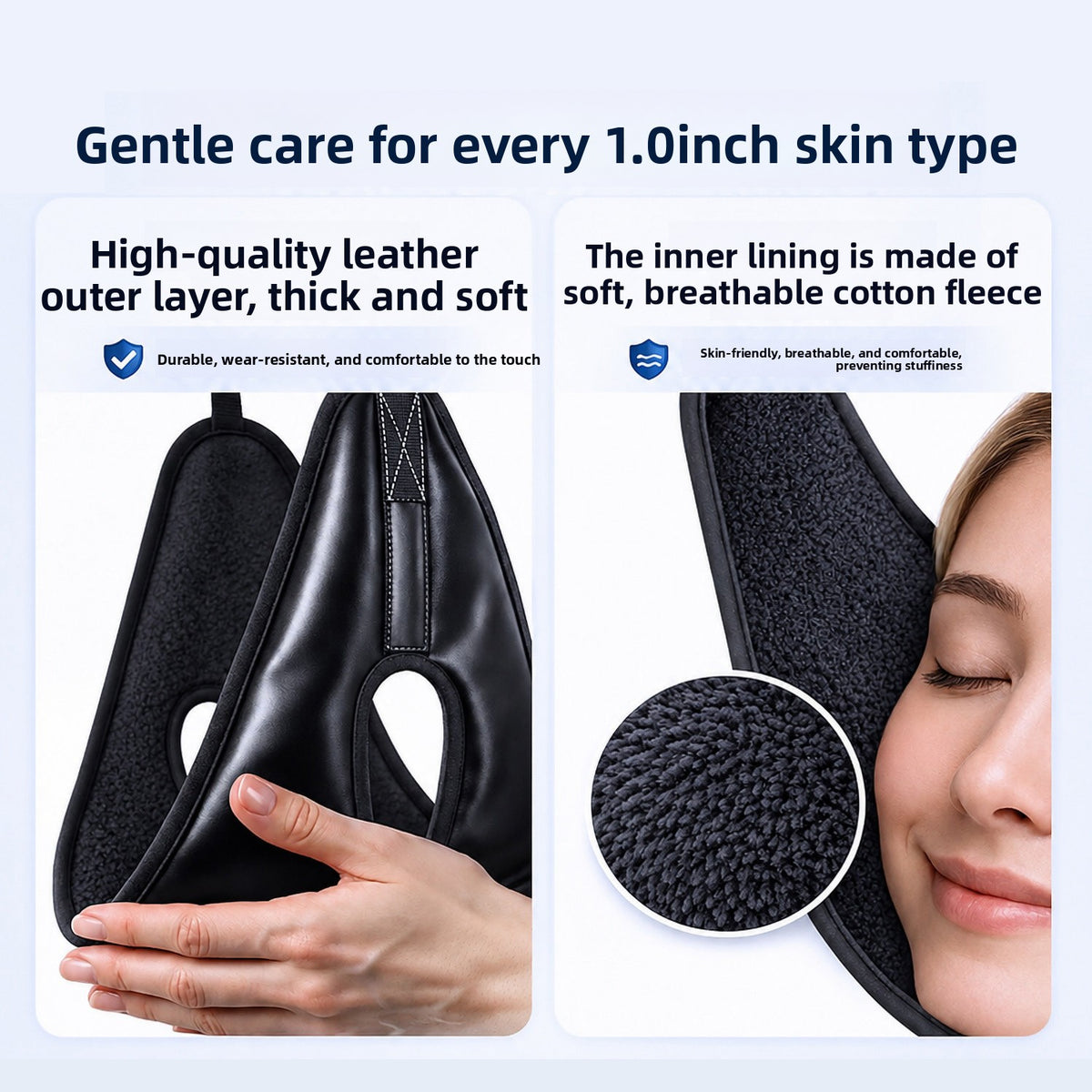 Black chin cradle held in a hand showing the outer vegan leather layer, and the soft cotton fleece lining against a cheek