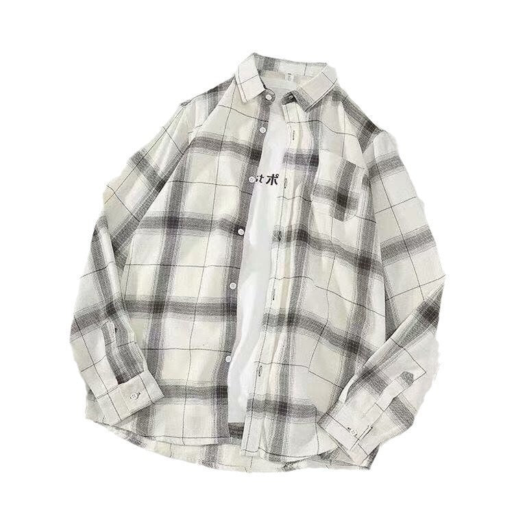 White plaid oversized shirt laid flat showing collar, placket, and pocket