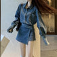 Denim shirt and wrap skort set worn as a styled warm-weather city look
