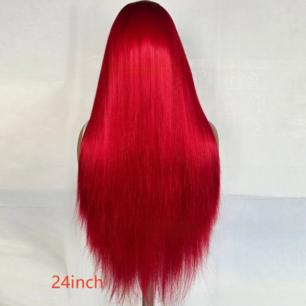 Back view of a long straight Neptune red synthetic wig labelled 24 inch