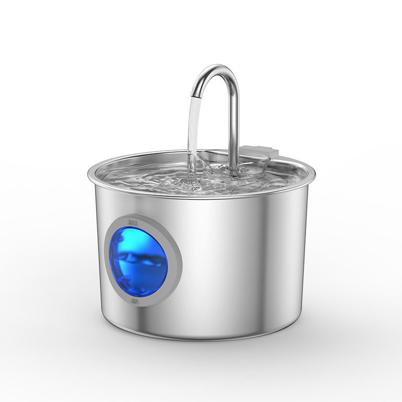 Faucet spout stainless steel pet water fountain with a round blue level window marked max and min