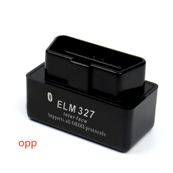Black OBD2 Bluetooth scanner shown for the plain opp bag packing option on a white background