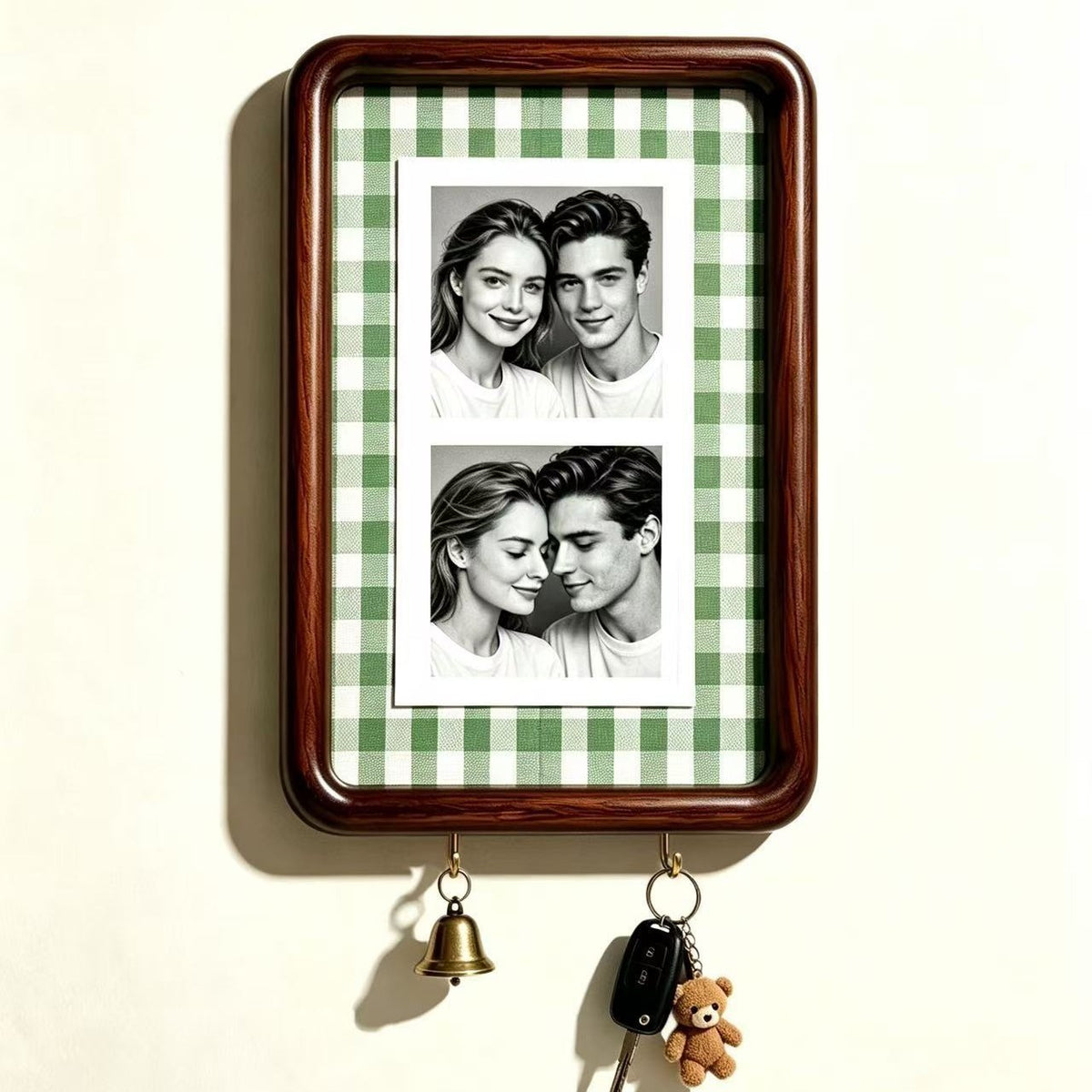 Option 6inch Hook Style 1: dark wood wall photo frame with green and white gingham backing and two key hooks