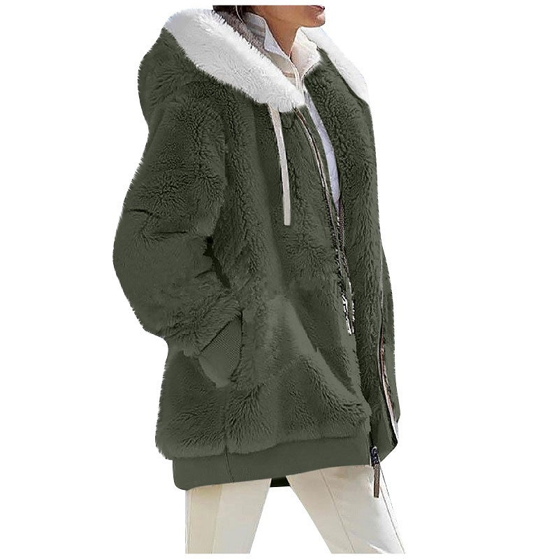 Women's loose plush hooded zip jacket with a contrast lined drawstring hood and two zip pockets