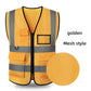 Golden yellow mesh reflective work vest with perforated fabric and chest ID window
